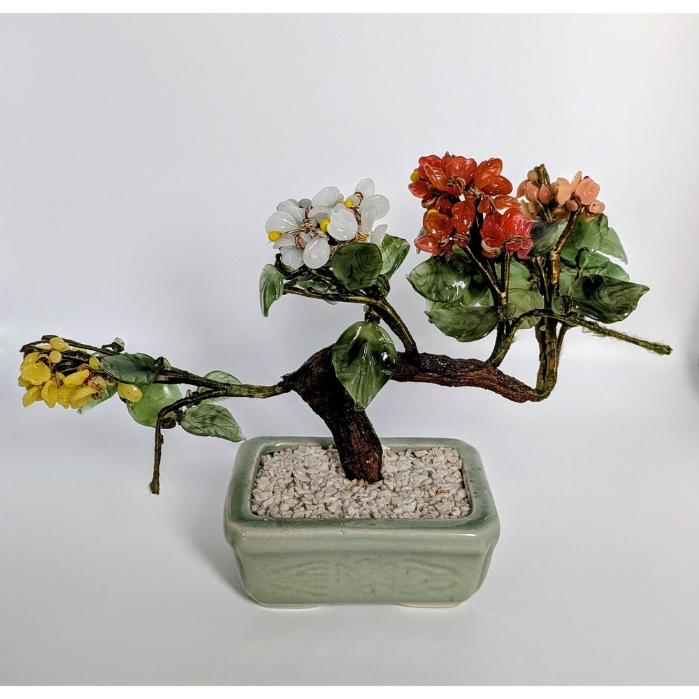 Vintage Chinese Jade Stone Glass Bonsai Mineral Tree Multi Color - Picture 2 of 11